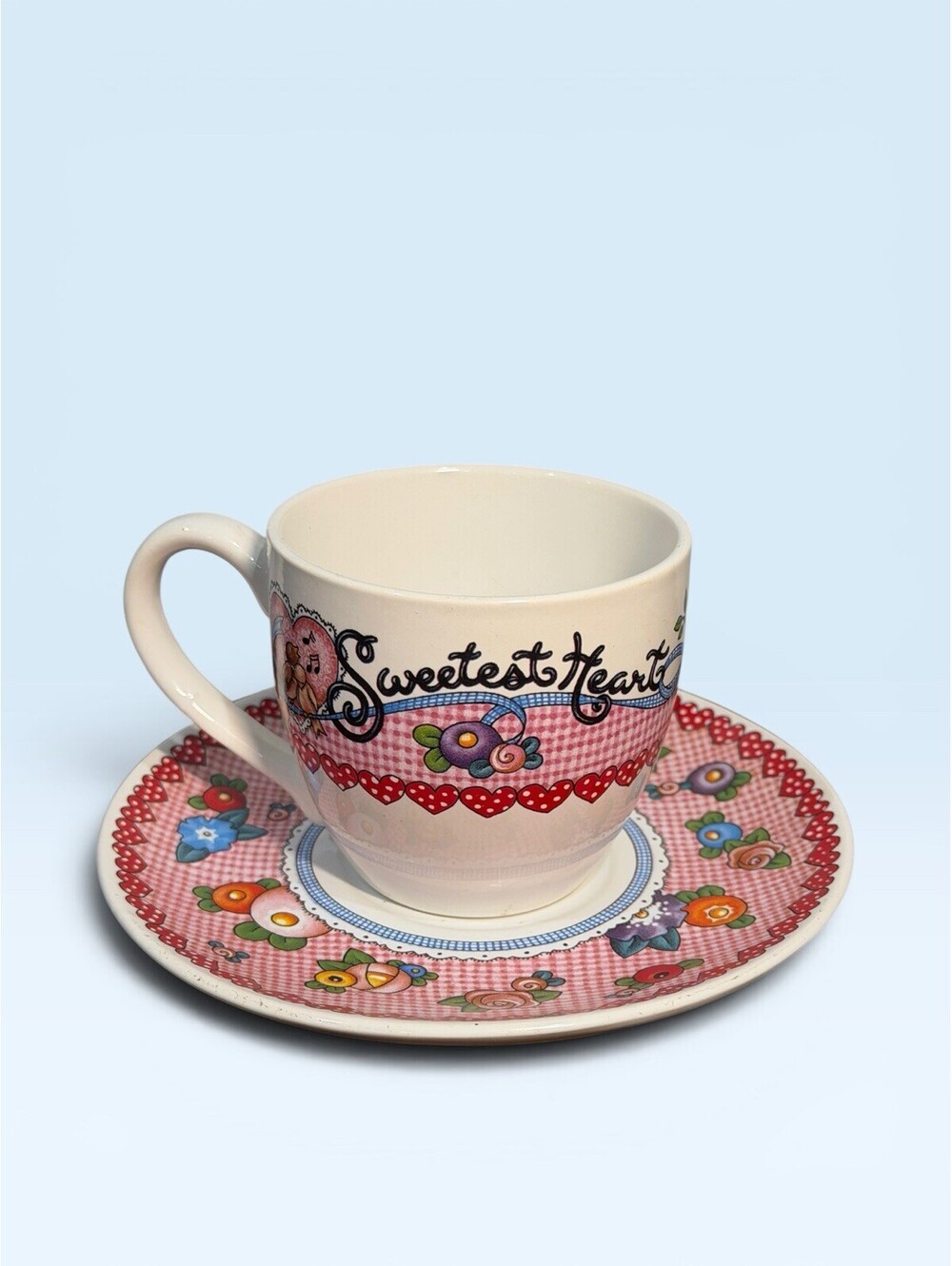 Mary Engelbreit Sweetest Heart Tea Cup Saucer Set Ceramic Cottagecore Valentine